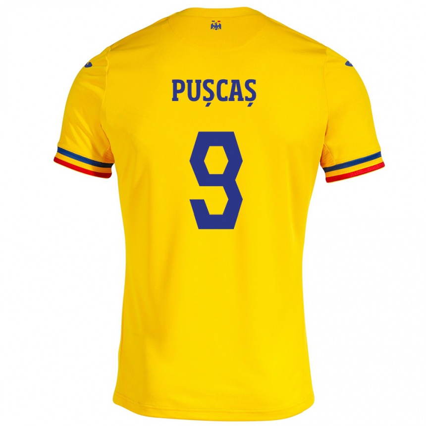 Men Football Romania George Pușcaș #9 Yellow Home Jersey 24-26 T-Shirt