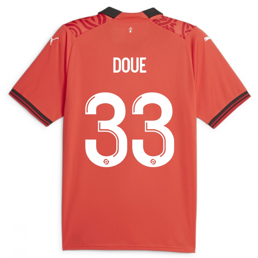 Kids Football Désiré Doué #33 Red Home Jersey 2023/24 T-Shirt