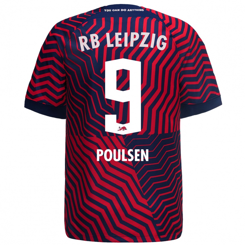 Kids Football Yussuf Poulsen #9 Blue Red Away Jersey 2023/24 T-Shirt