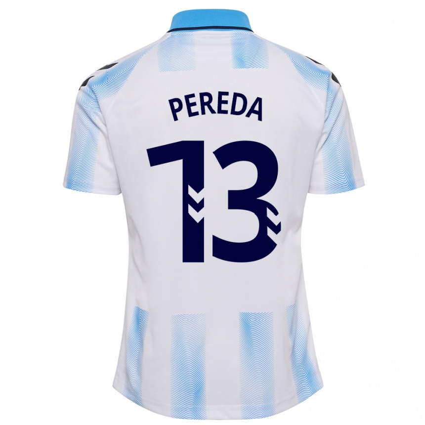 Kids Football Adrián Pereda #13 White Blue Home Jersey 2023/24 T-Shirt