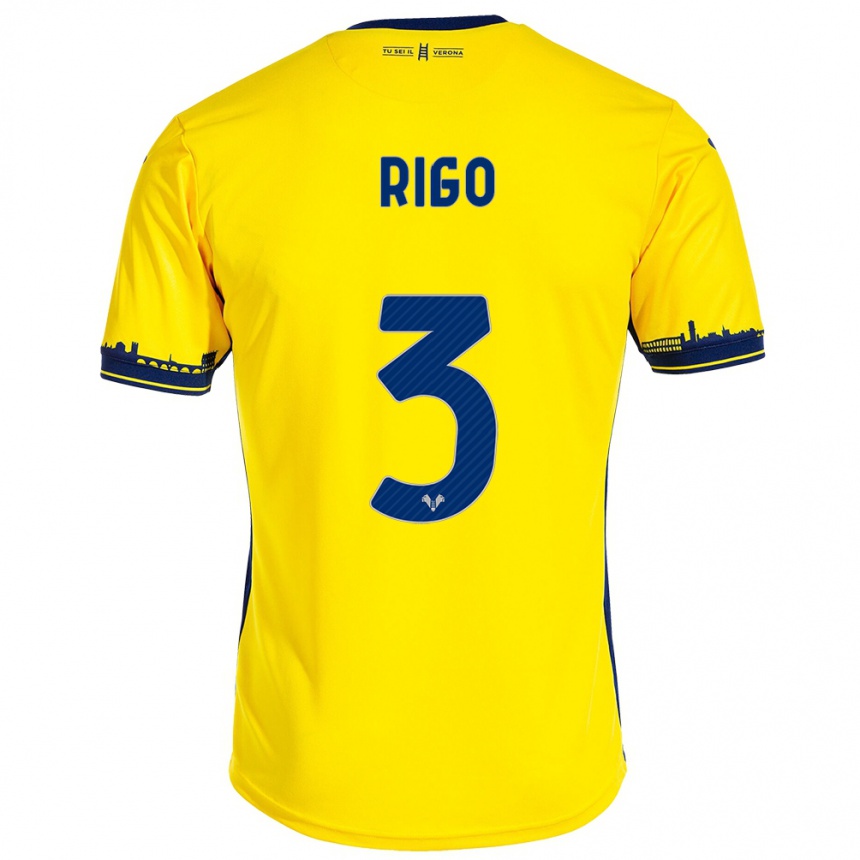 Men Football Mattia Rigo #3 Yellow Away Jersey 2023/24 T-Shirt