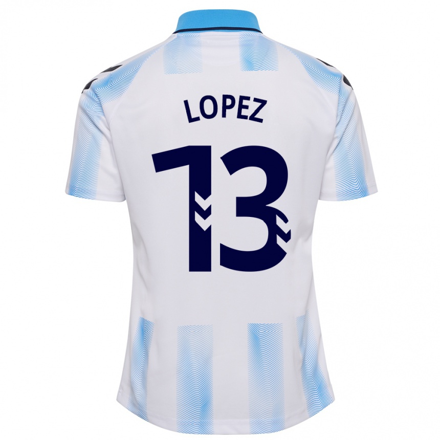 Women Football Carlos López #13 White Blue Home Jersey 2023/24 T-Shirt