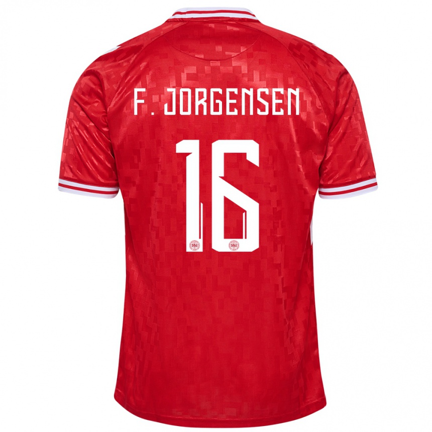 Kids Football Denmark Filip Jorgensen #16 Red Home Jersey 24-26 T-Shirt