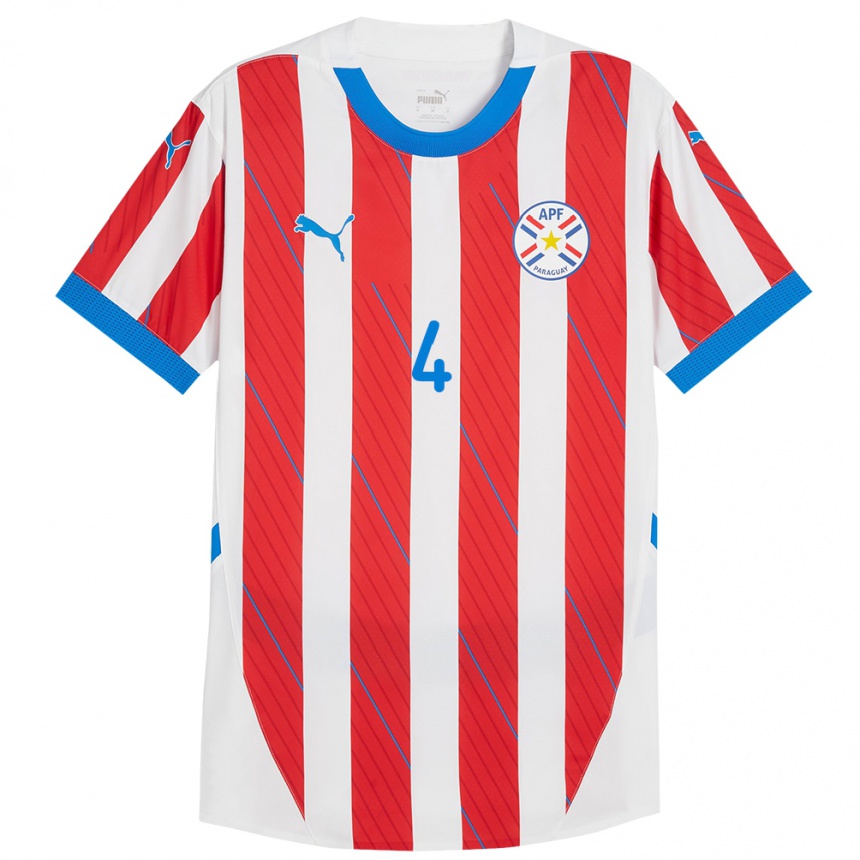 Kids Football Paraguay Gastón Benítez #4 White Red Home Jersey 24-26 T-Shirt