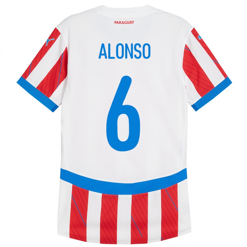 Kids Football Paraguay Júnior Alonso #6 White Red Home Jersey 24-26 T-Shirt