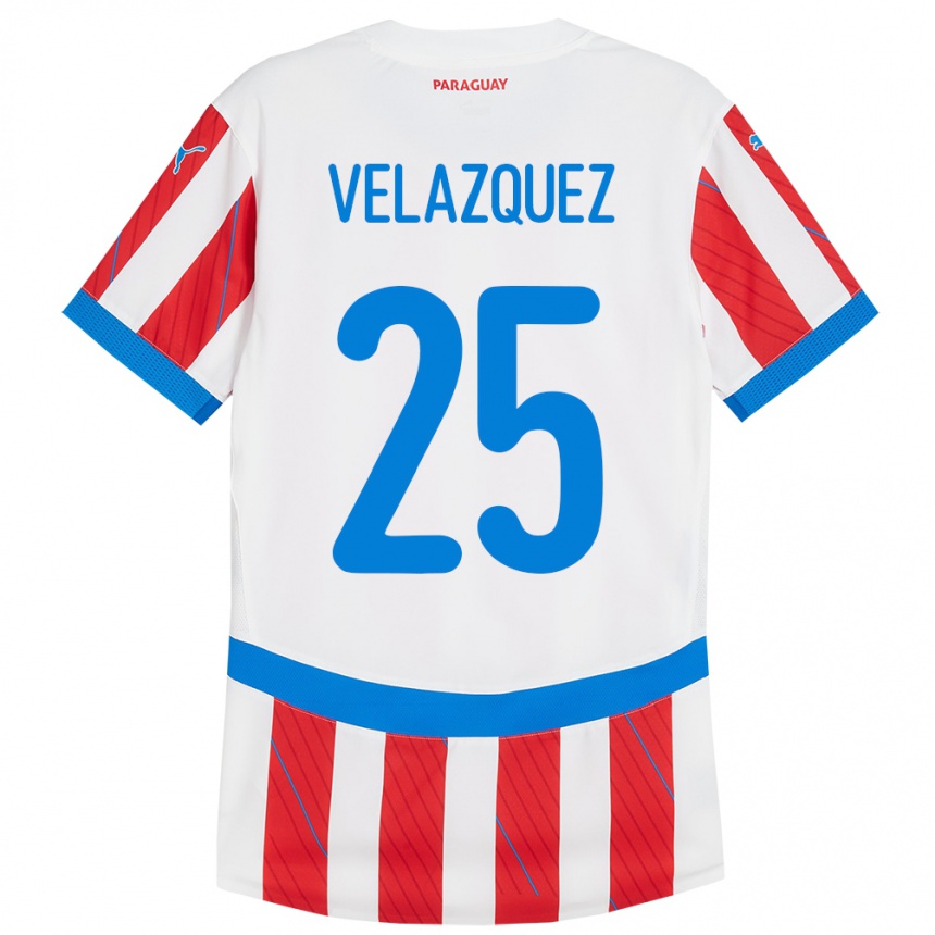 Kids Football Paraguay Gustavo Velázquez #25 White Red Home Jersey 24-26 T-Shirt