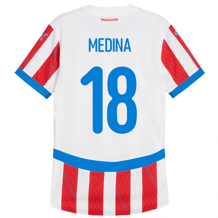 Kids Football Paraguay Jesús Medina #18 White Red Home Jersey 24-26 T-Shirt