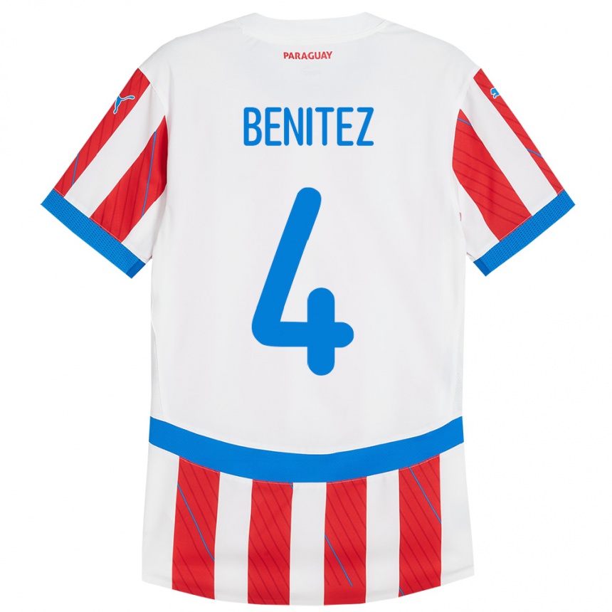 Kids Football Paraguay Gastón Benítez #4 White Red Home Jersey 24-26 T-Shirt