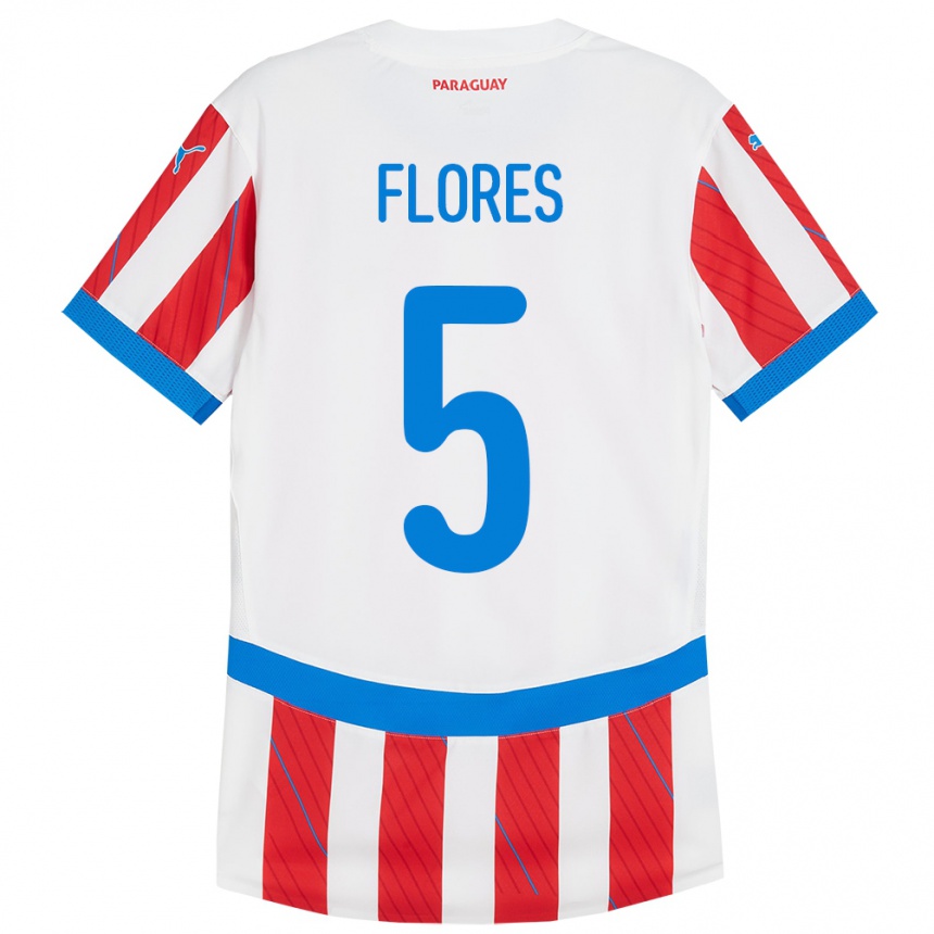 Kids Football Paraguay Gilberto Flores #5 White Red Home Jersey 24-26 T-Shirt