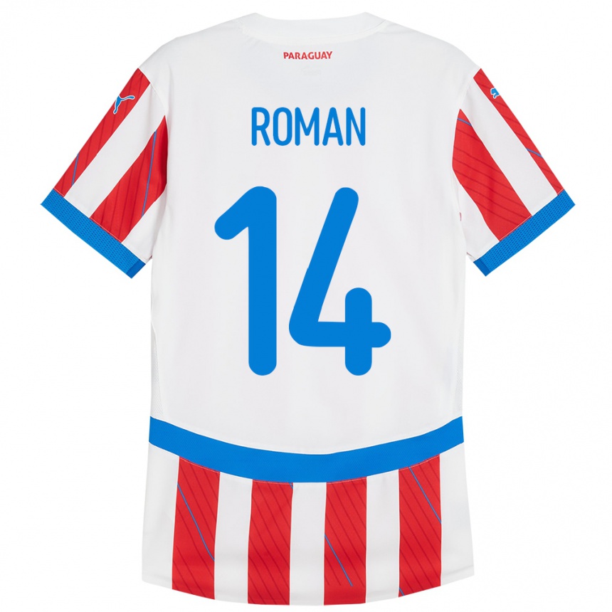 Kids Football Paraguay Fernando Román #14 White Red Home Jersey 24-26 T-Shirt