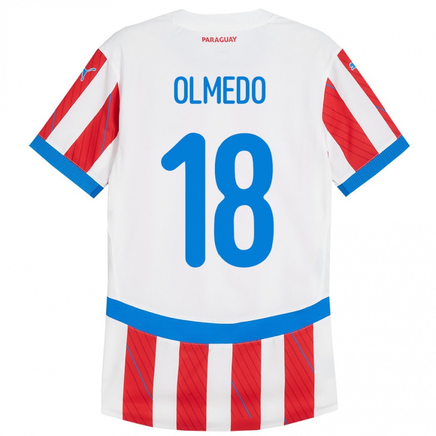 Kids Football Paraguay Cesar Olmedo #18 White Red Home Jersey 24-26 T-Shirt