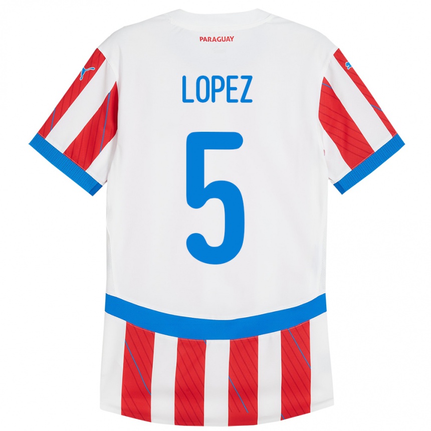 Kids Football Paraguay Óscar López #5 White Red Home Jersey 24-26 T-Shirt