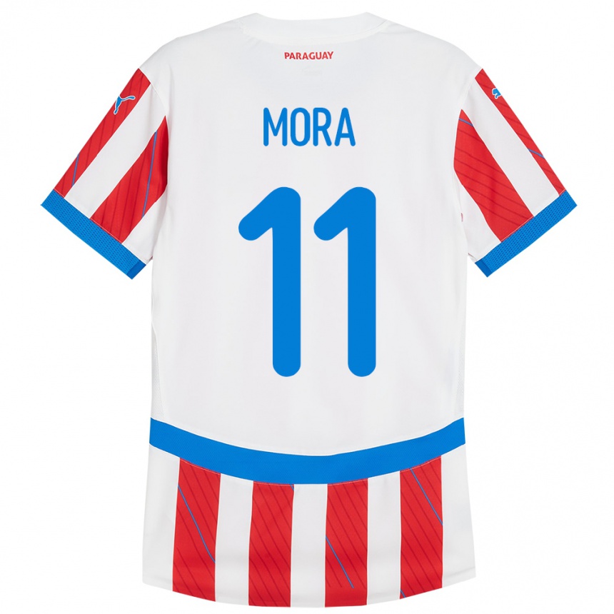 Kids Football Paraguay Jorge Mora #11 White Red Home Jersey 24-26 T-Shirt