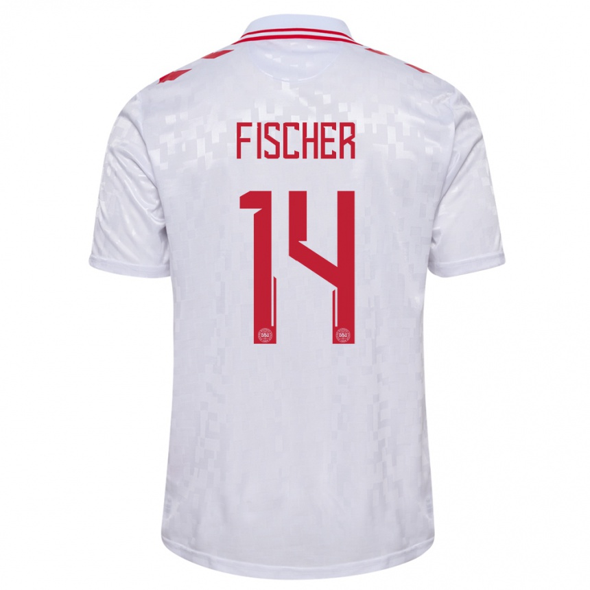 Kids Football Denmark Mikkel Fischer #14 White Away Jersey 24-26 T-Shirt