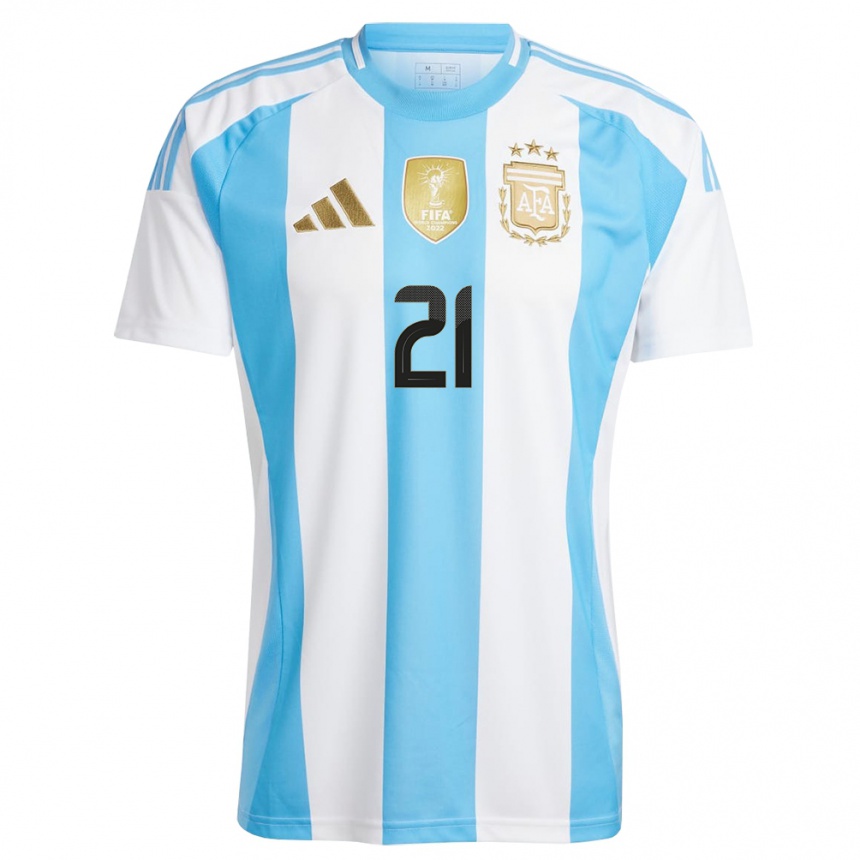 Men Football Argentina Paulo Dybala #21 White Blue Home Jersey 24-26 T-Shirt