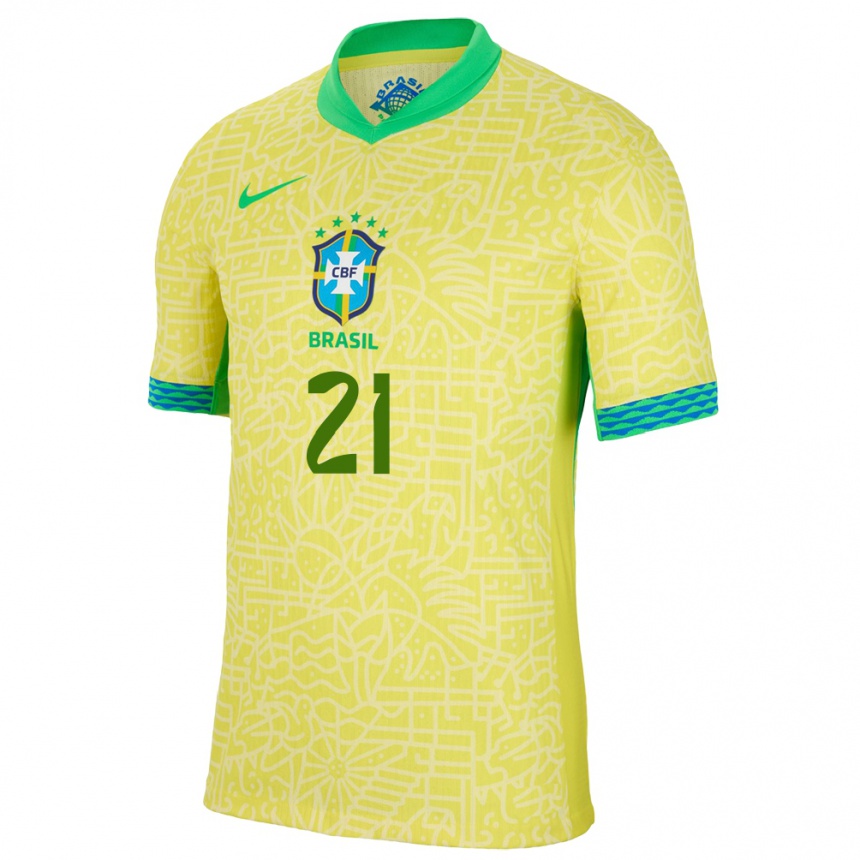 Men Football Brazil Vitor Roque #21 Yellow Home Jersey 24-26 T-Shirt