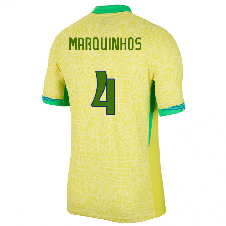 Men Football Brazil Marquinhos #4 Yellow Home Jersey 24-26 T-Shirt