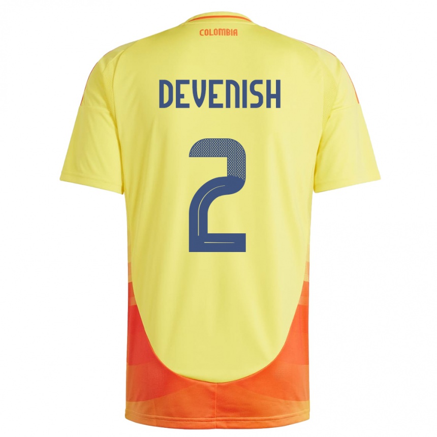 Men Football Colombia Cristian Devenish #2 Yellow Home Jersey 24-26 T-Shirt