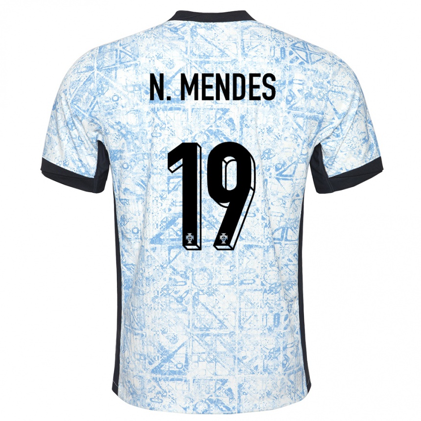 Men Football Portugal Nuno Mendes #19 Cream Blue Away Jersey 24-26 T-Shirt