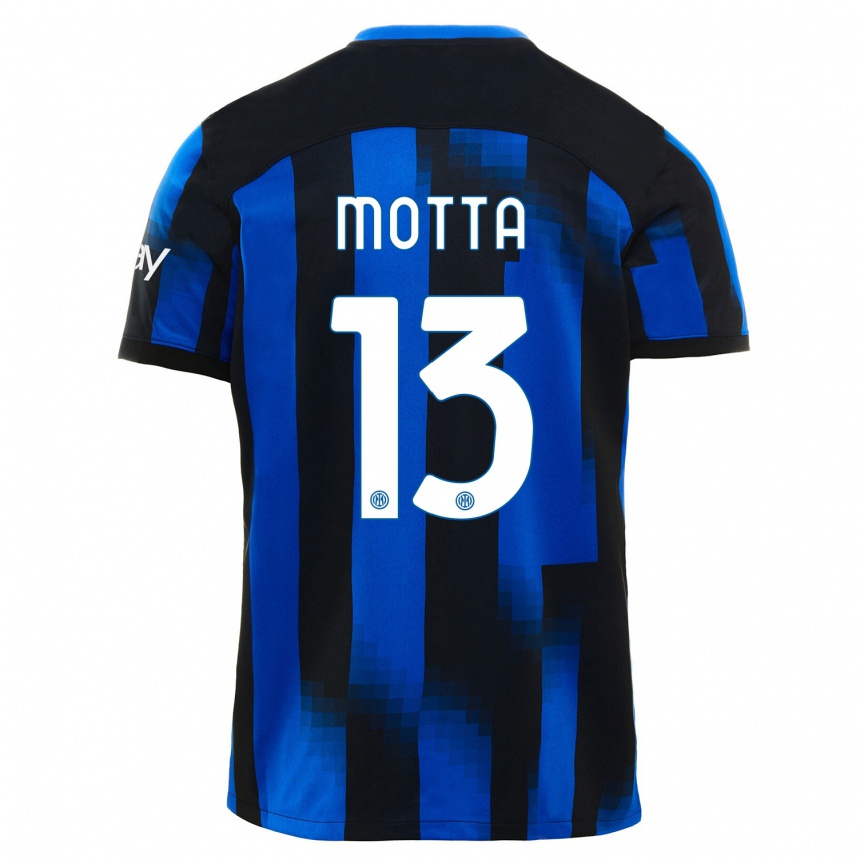 Kids  Matteo Motta #13 Black Blue Home Jersey 2023/24 T-Shirt