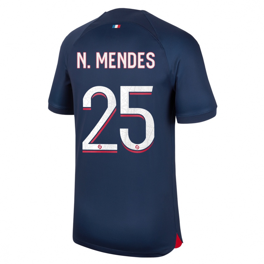 Kids  Nuno Mendes #25 Blue Red Home Jersey 2023/24 T-Shirt