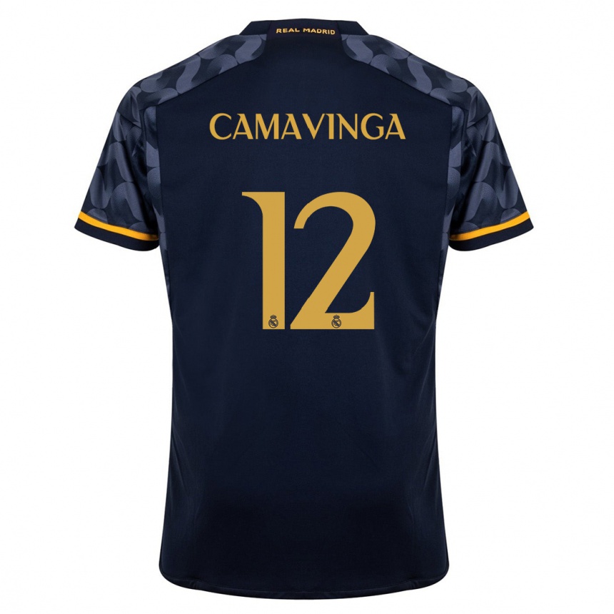 Kids  Eduardo Camavinga #12 Dark Blue Away Jersey 2023/24 T-Shirt