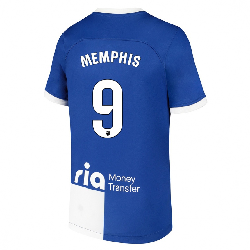 Kids  Memphis Depay #9 Blue White Away Jersey 2023/24 T-Shirt