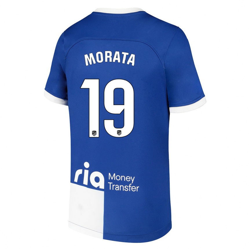 Kids  Alvaro Morata #19 Blue White Away Jersey 2023/24 T-Shirt