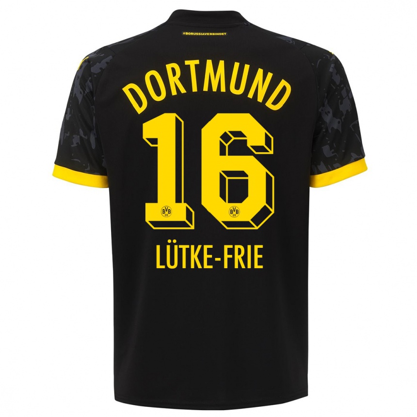 Kids  Dennis Lütke-Frie #16 Black Away Jersey 2023/24 T-Shirt