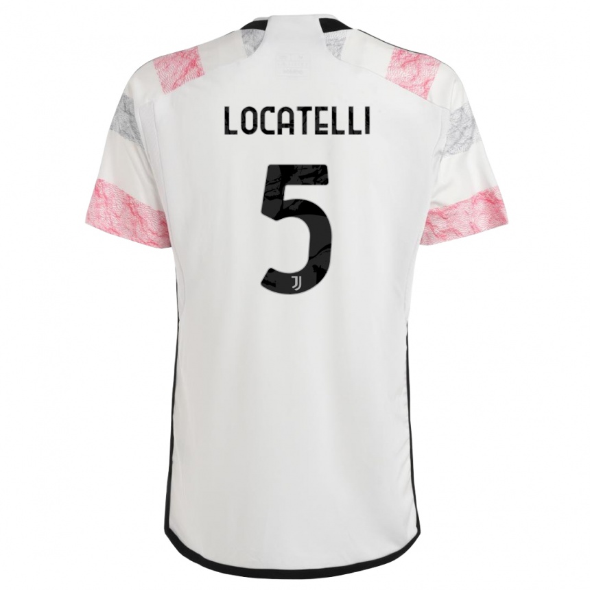 Kids  Manuel Locatelli #5 White Pink Away Jersey 2023/24 T-Shirt