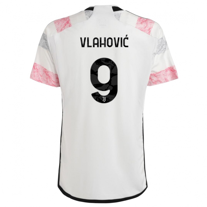 Kids  Dusan Vlahovic #9 White Pink Away Jersey 2023/24 T-Shirt