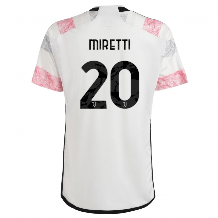 Kids  Fabio Miretti #20 White Pink Away Jersey 2023/24 T-Shirt