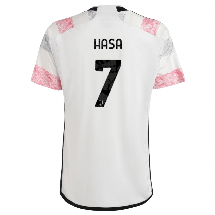 Kids  Luis Hasa #7 White Pink Away Jersey 2023/24 T-Shirt