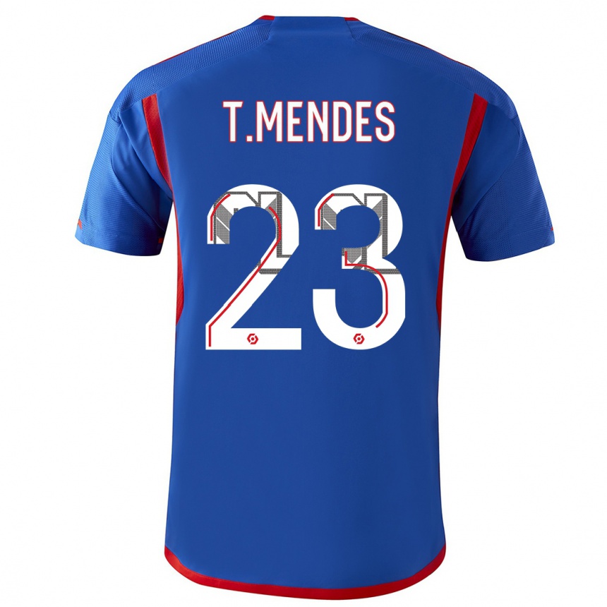 Kids  Thiago Mendes #23 Blue Red Away Jersey 2023/24 T-Shirt