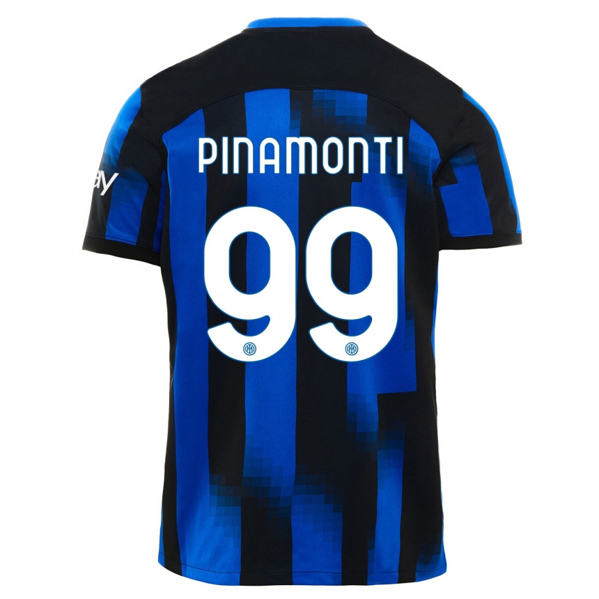 Men  Andrea Pinamonti #99 Black Blue Home Jersey 2023/24 T-Shirt