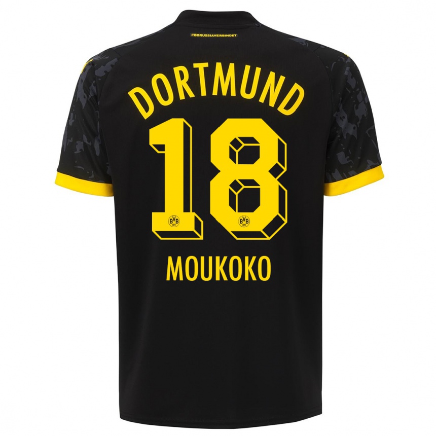 Men  Youssoufa Moukoko #18 Black Away Jersey 2023/24 T-Shirt