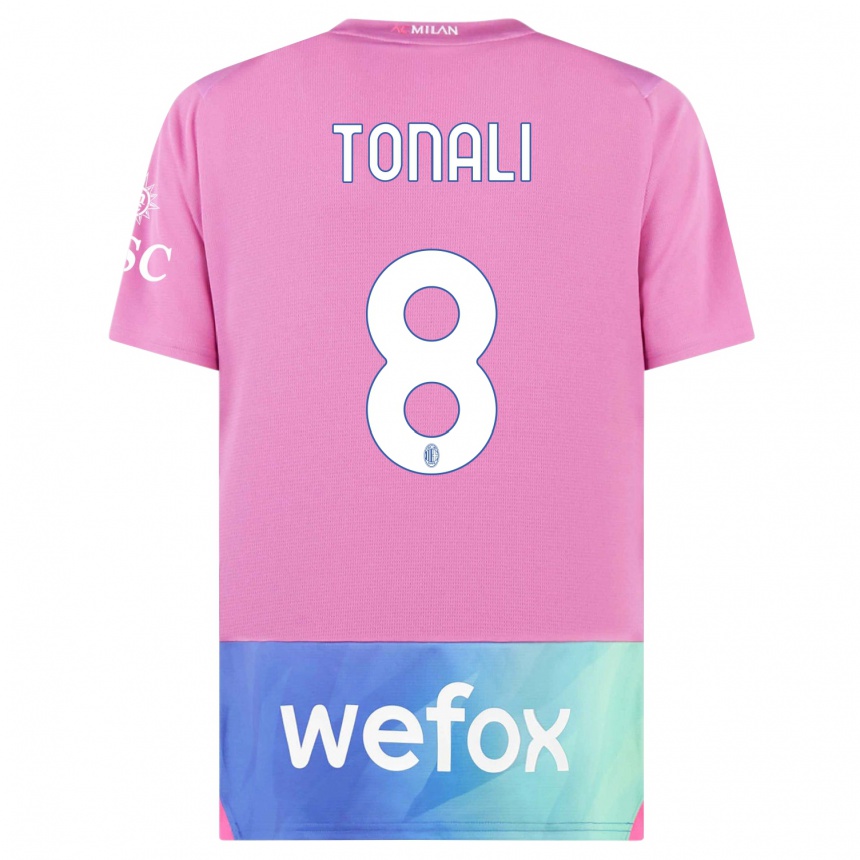 Men  Sandro Tonali #8 Pink Purple Third Jersey 2023/24 T-Shirt