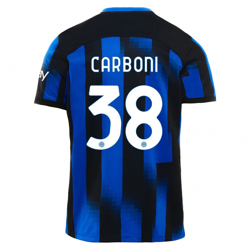 Women  Valentin Carboni #38 Black Blue Home Jersey 2023/24 T-Shirt