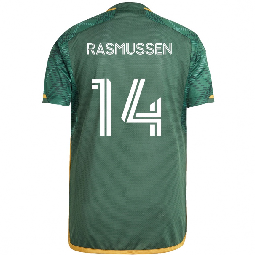 Kids Football Justin Rasmussen #14 Green Orange Home Jersey 2024/25 T-Shirt