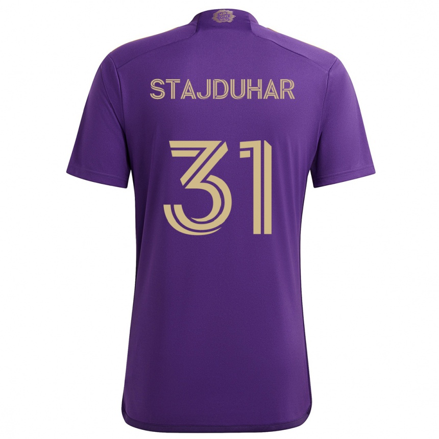 Kids Football Mason Stajduhar #31 Purple Yellow Home Jersey 2024/25 T-Shirt