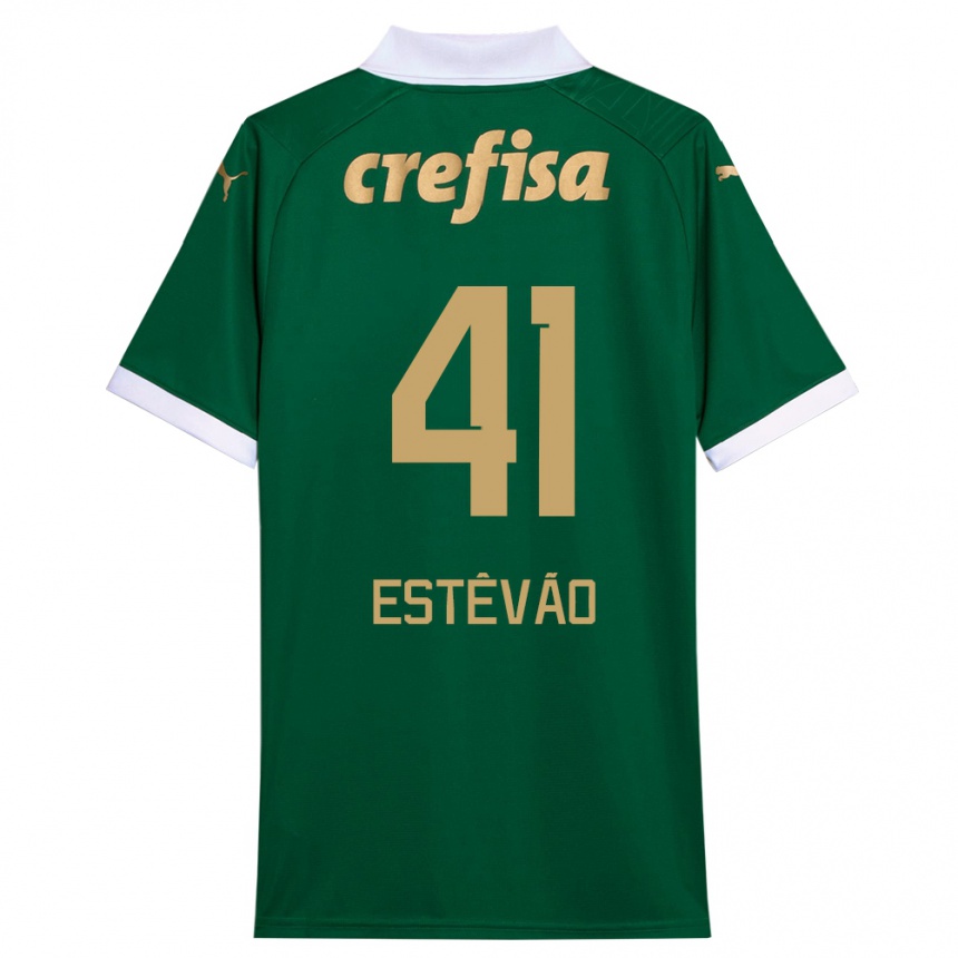 Kids Football Estêvão #41 Green White Home Jersey 2024/25 T-Shirt