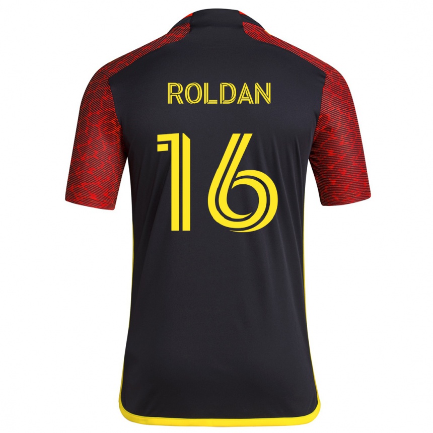 Kids Football Álex Roldán #16 Red Black Away Jersey 2024/25 T-Shirt