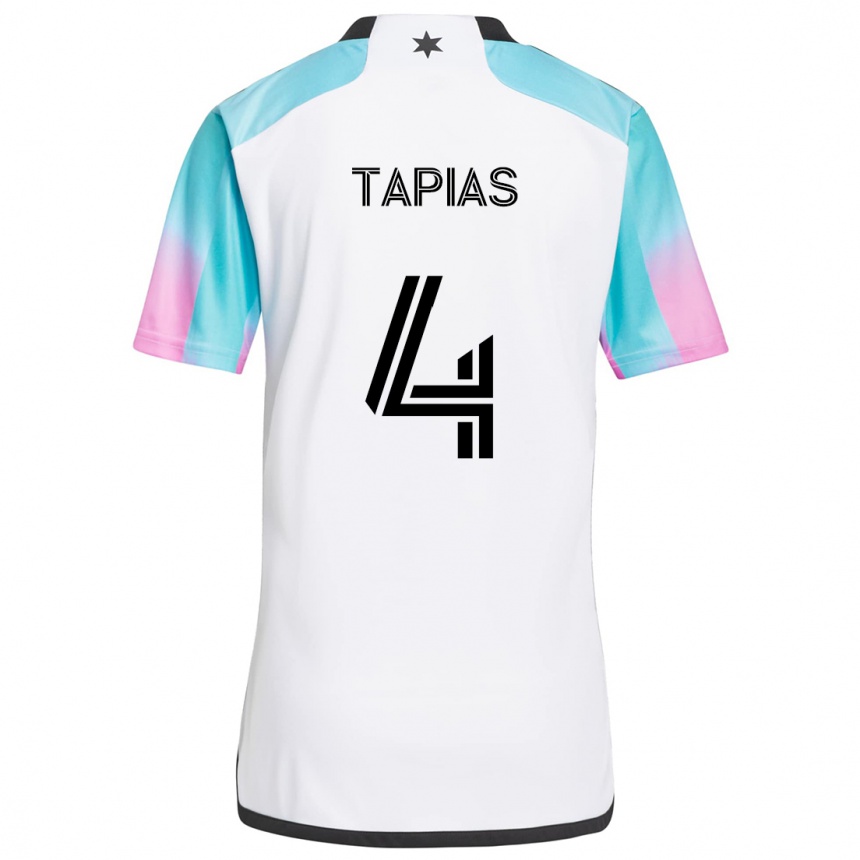 Kids Football Miguel Tapias #4 White Blue Black Away Jersey 2024/25 T-Shirt