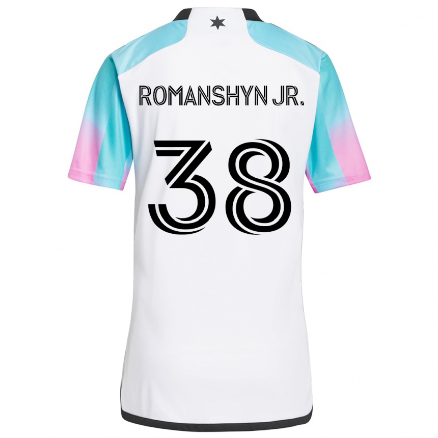 Kids Football Kage Romanshyn Jr. #38 White Blue Black Away Jersey 2024/25 T-Shirt