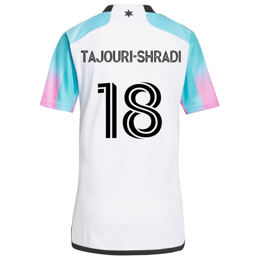 Kids Football Ismael Tajouri-Shradi #18 White Blue Black Away Jersey 2024/25 T-Shirt