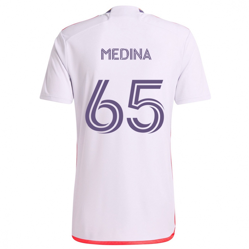 Kids Football Cristian Medina #65 White Red Purple Away Jersey 2024/25 T-Shirt