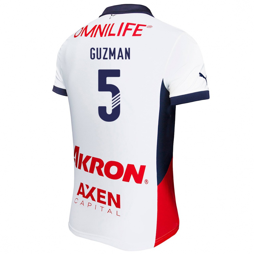 Kids Football Víctor Guzmán #5 White Red Blue Away Jersey 2024/25 T-Shirt