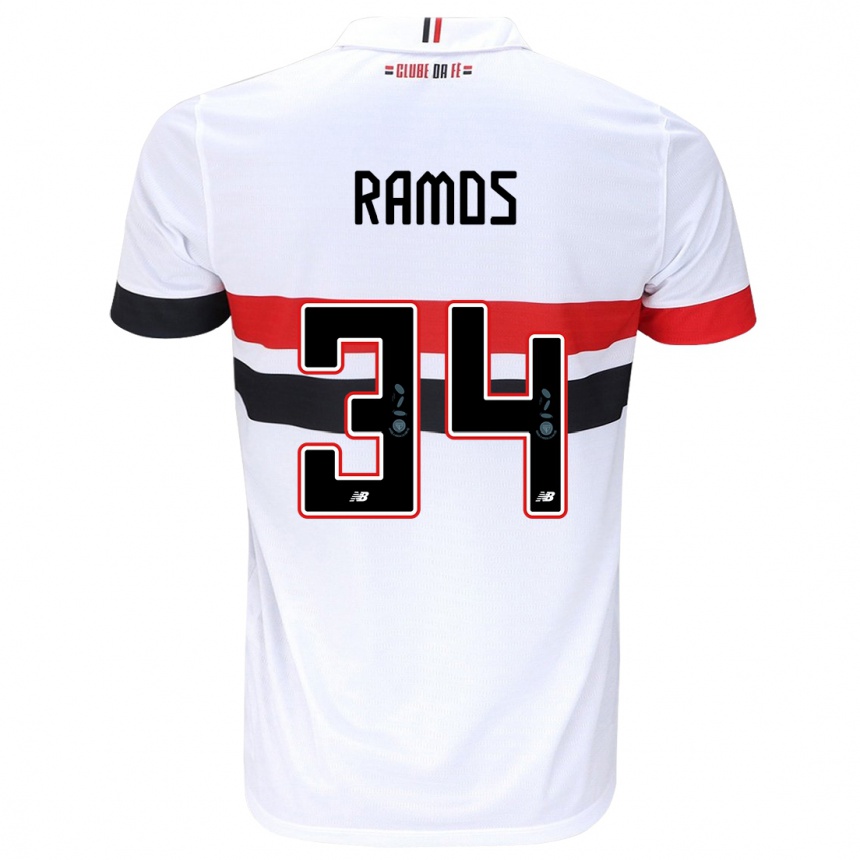 Kids Football Raí Ramos #34 White Red Black Home Jersey 2024/25 T-Shirt