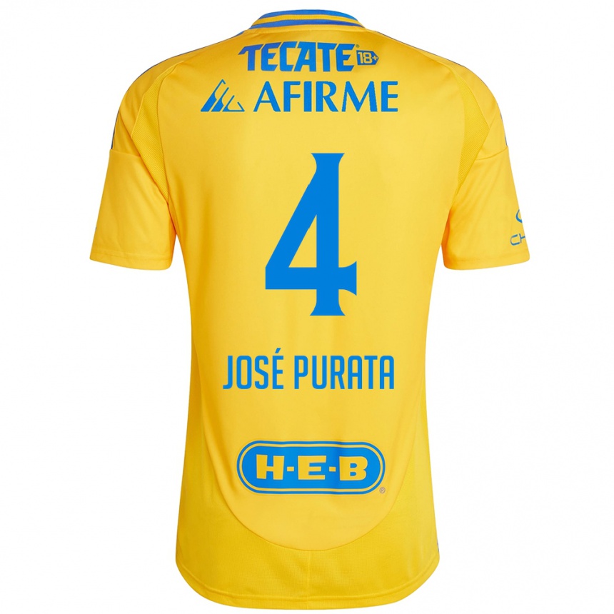 Kids Football Juan José Purata #4 Gold Yellow Home Jersey 2024/25 T-Shirt