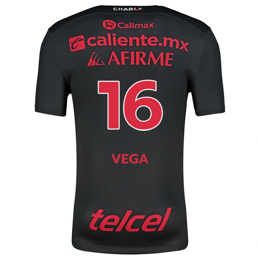 Kids Football Jesús Vega #16 Black Red Home Jersey 2024/25 T-Shirt